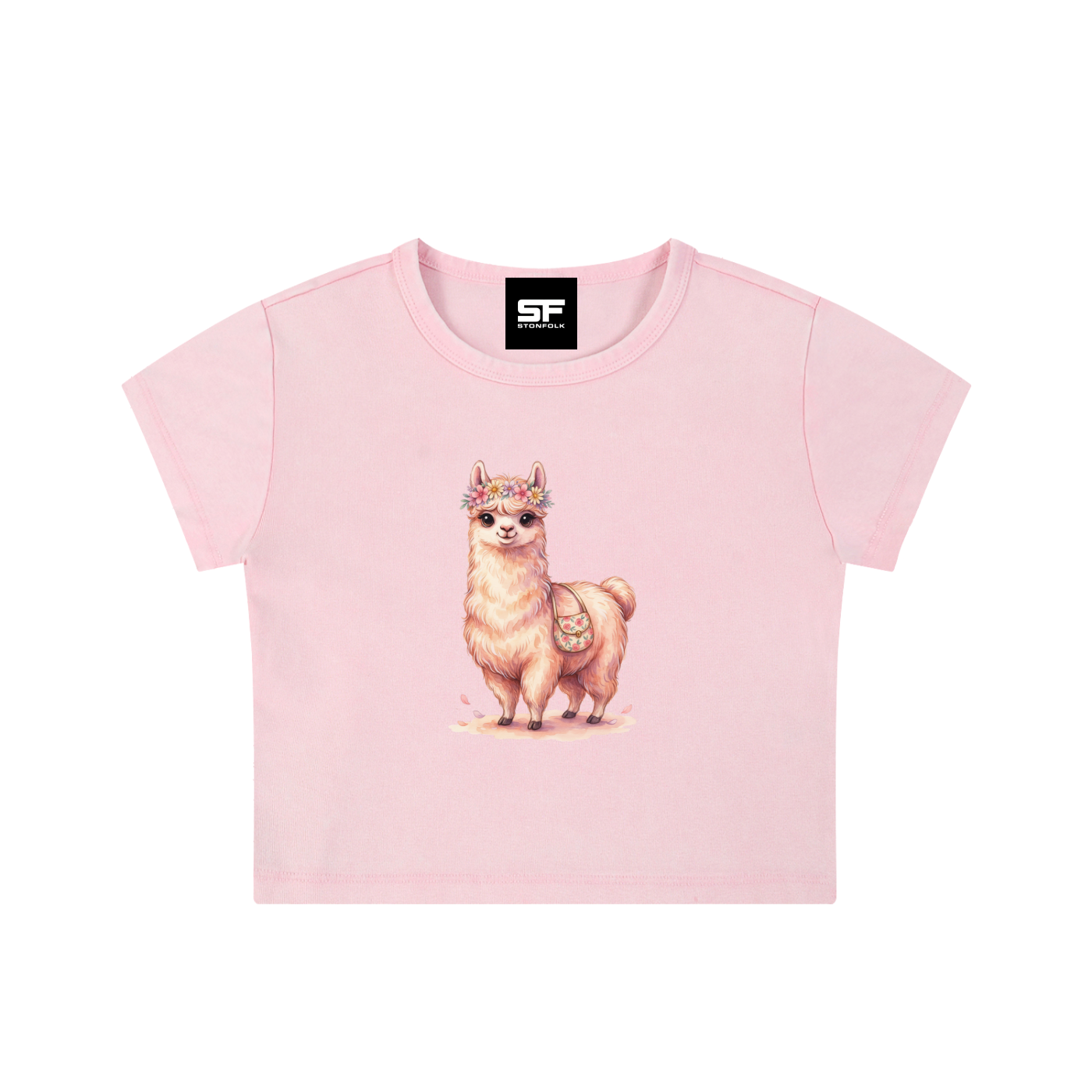 Boho Llama Snow Washed Women's Crop Top – Cute Floral Alpaca Graphic Tee