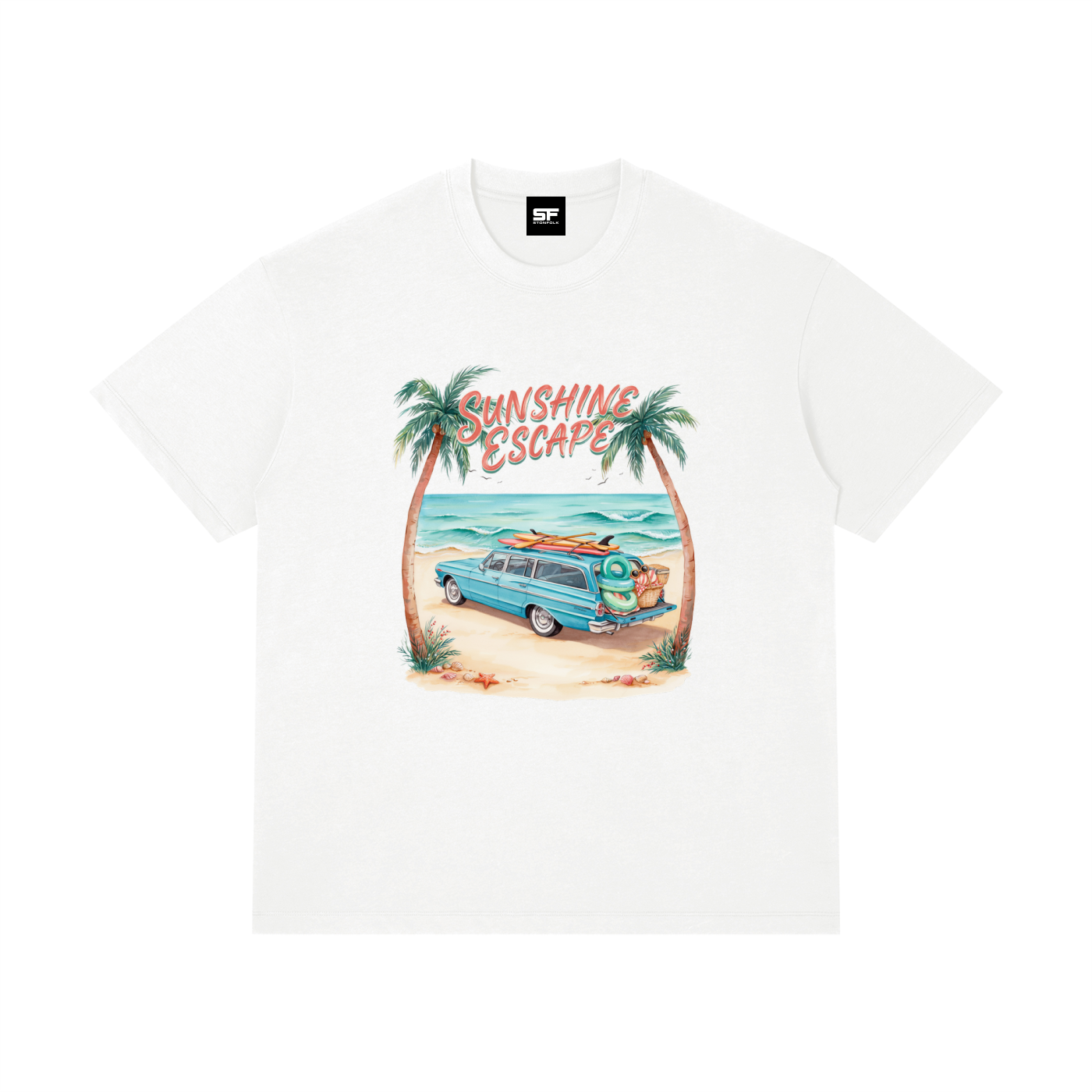 Sunshine Escape Vintage Beach Cotton T-Shirt – Retro Summer Vacation Graphic Tee