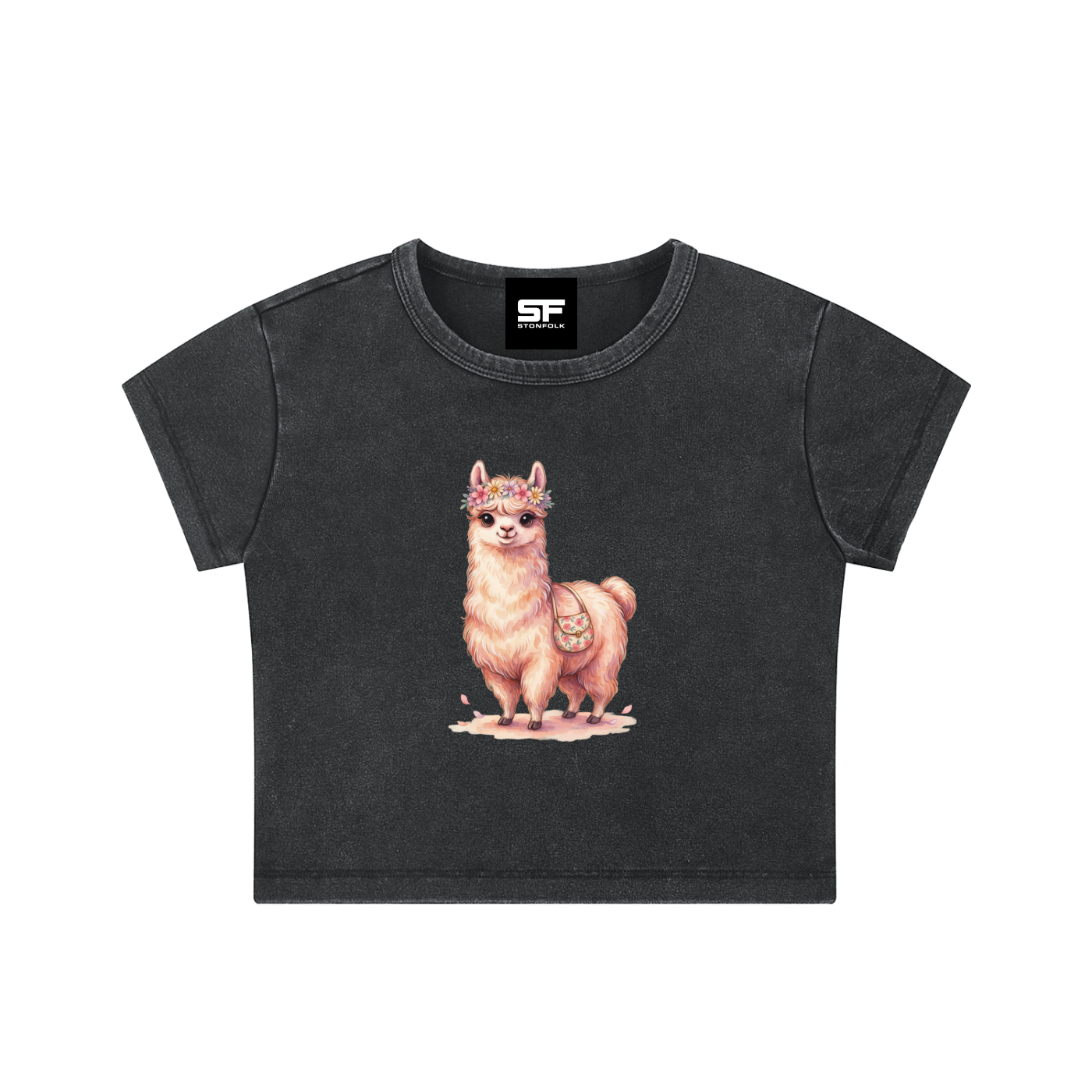 Boho Llama Snow Washed Women's Crop Top – Cute Floral Alpaca Graphic Tee