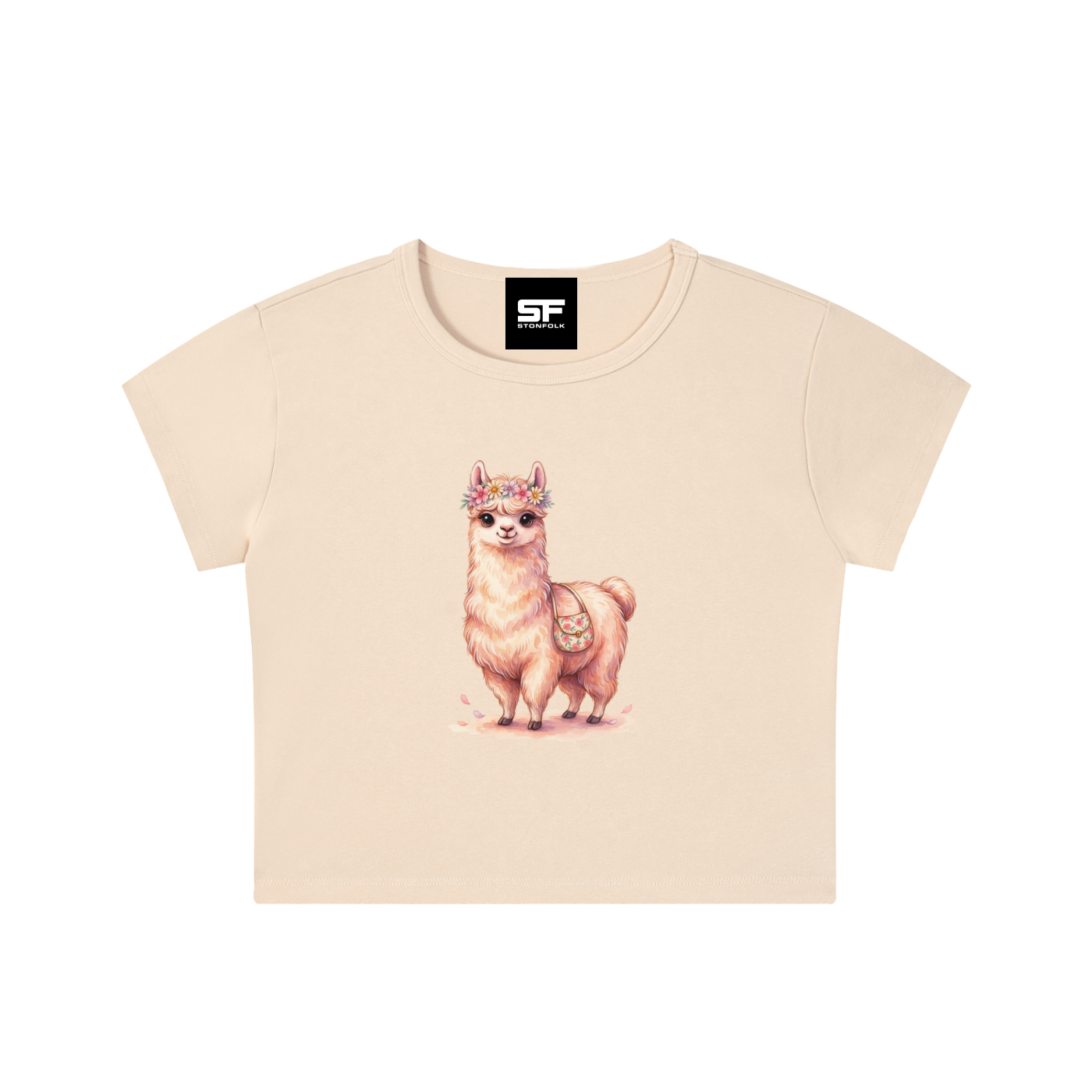 Boho Llama Snow Washed Women's Crop Top – Cute Floral Alpaca Graphic Tee