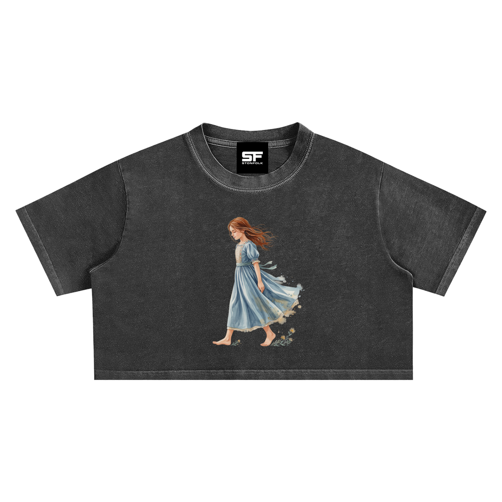 Whimsical Girl Washed Women’s Crop Top – Casual Streetwear Cotton Tee