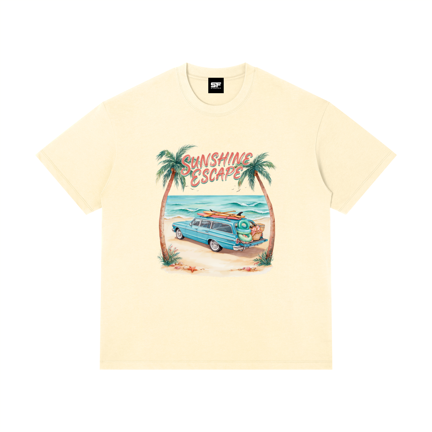 Sunshine Escape Vintage Beach Cotton T-Shirt – Retro Summer Vacation Graphic Tee