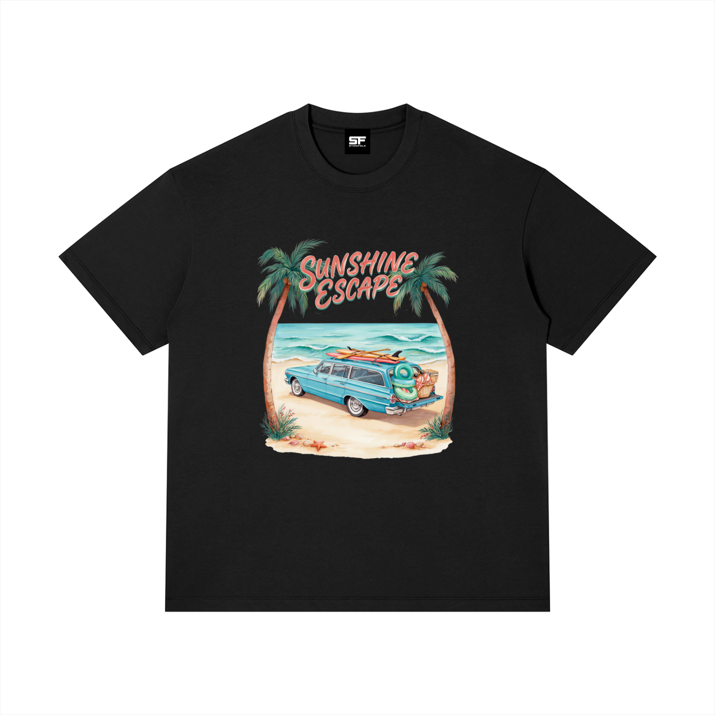 Sunshine Escape Vintage Beach Cotton T-Shirt – Retro Summer Vacation Graphic Tee