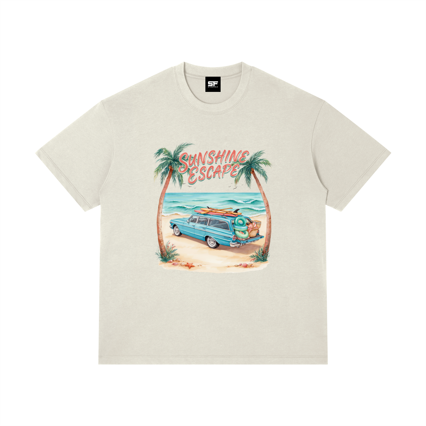Sunshine Escape Vintage Beach Cotton T-Shirt – Retro Summer Vacation Graphic Tee